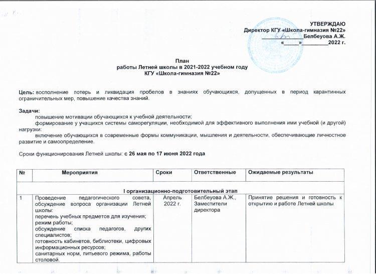 План работы Летней школы в 2021-2022 учебном году КГУ "Школа-гимназия №22"